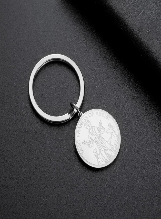 TEAMER Saint Francis of Assisi Keychain Protection Cat/Dog Tag Medal Pendant Patron Francis Pet Amulet Medal Catholic Jewelry (Silver) - Image 3